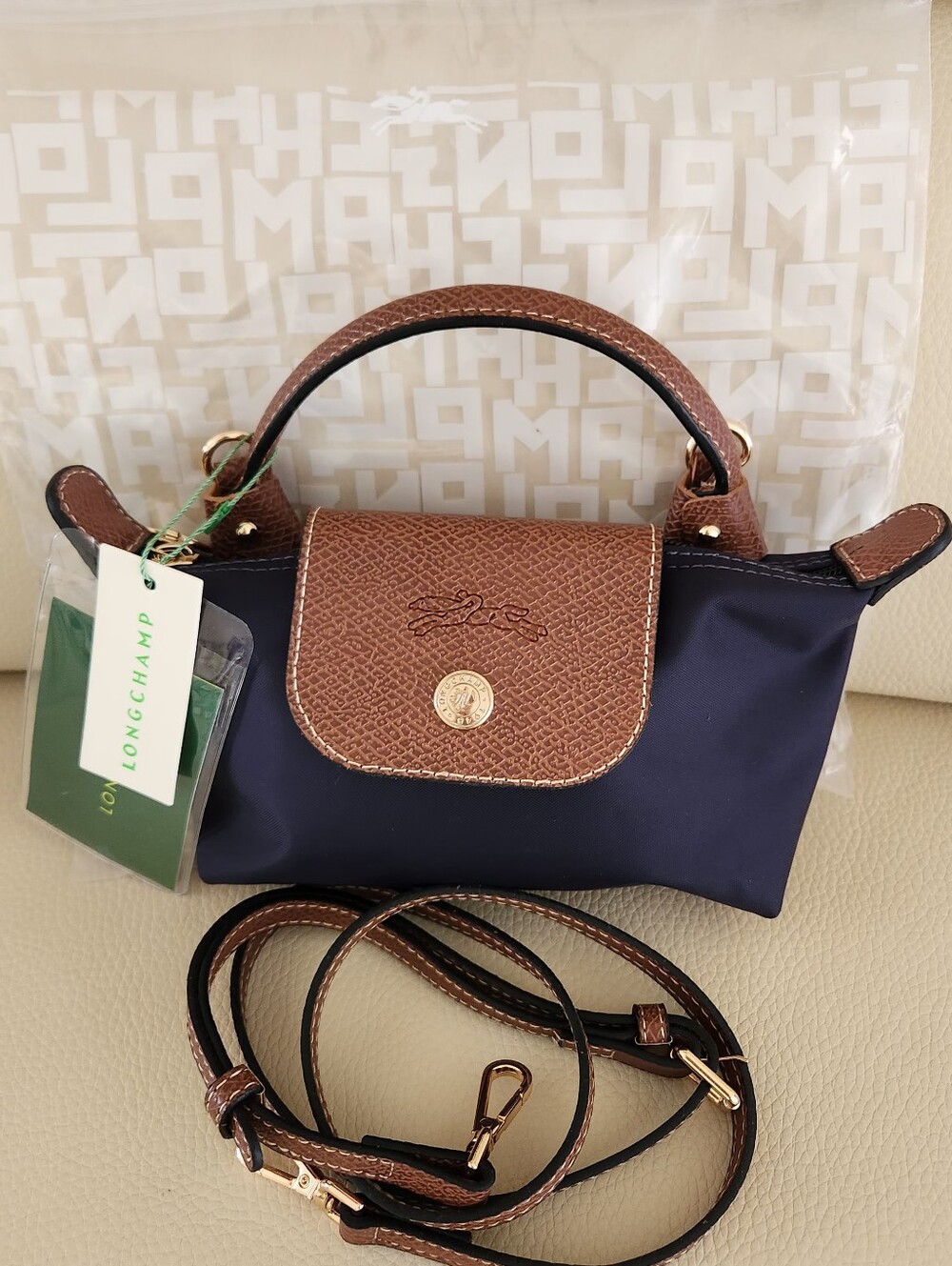 Longchamp Small Navy and Brown Modélé déposé Handle Crossbody